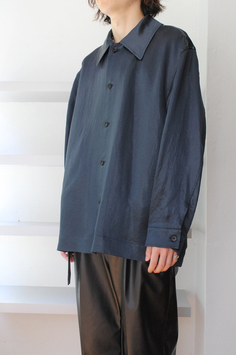 GLOSSY SATIN WIDE OPEN COLLAR SHIRT / TEAL BLUE