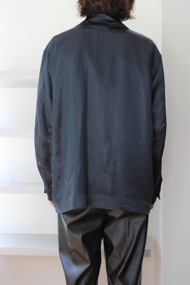 08 SIRCUS | GLOSSY SATIN WIDE OPEN COLLAR SHIRT / TEAL BLUE 長袖
