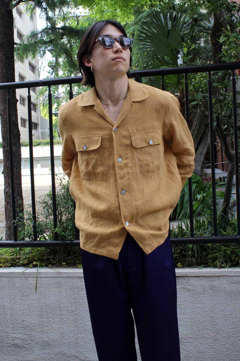 L/S OPEN COLLAR SHIRT-100%LINEN / YELLOW [20%OFF]