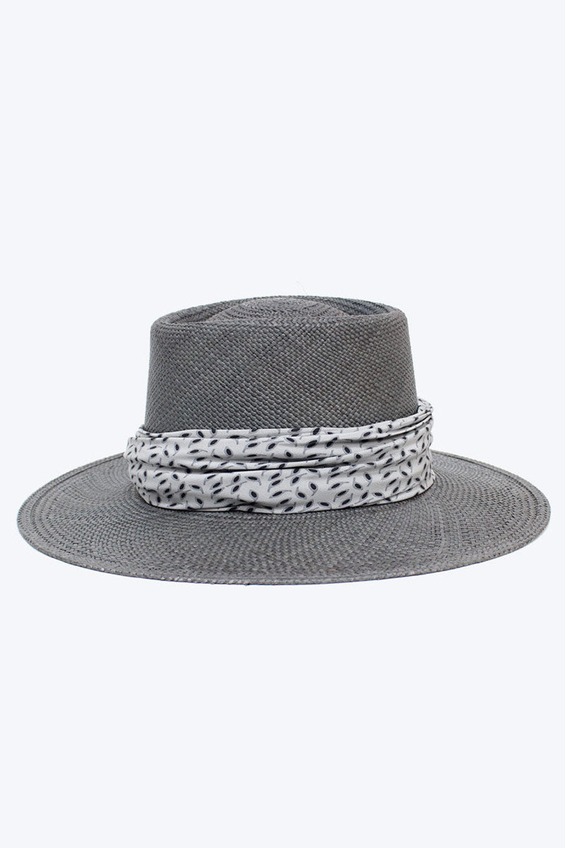 JANESSA LEONE | JANESSA LEONE NORA STRAW HAT w/SILK SCARF / GREY