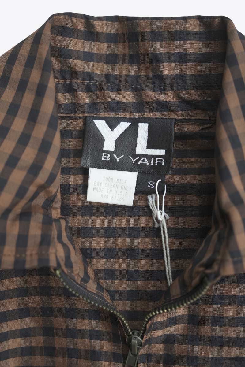 YL BY YAIR | 90'S MADE IN USA L/S GINGHAM CHECK SILK ZIP SHIRT / BROWN/BLACK [USED]