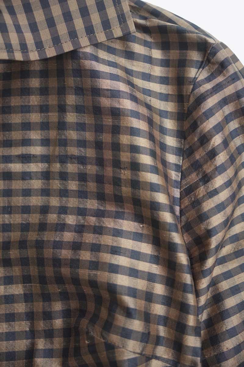 YL BY YAIR | 90'S MADE IN USA L/S GINGHAM CHECK SILK ZIP SHIRT / BROWN/BLACK [USED]