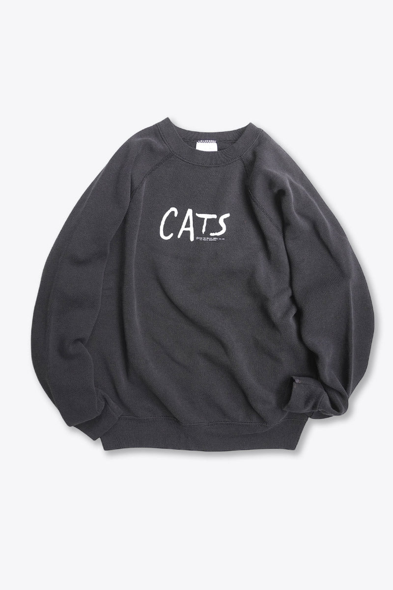 TULTEX | MADE IN USA 80'S CATS  PRINT RAGLAN SWEAT SHIRT / BLACK  [USED]
