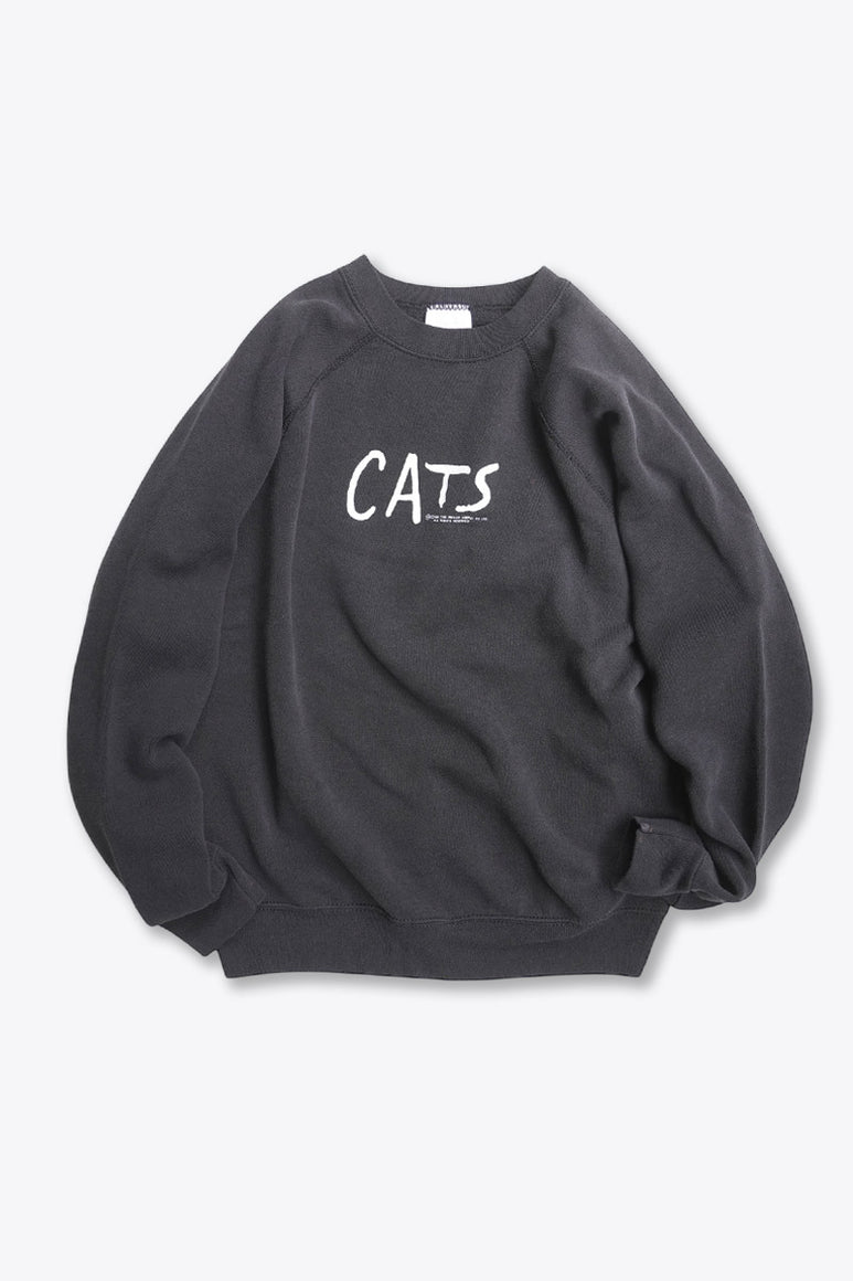 TULTEX | MADE IN USA 80'S CATS  PRINT RAGLAN SWEAT SHIRT / BLACK  [USED]