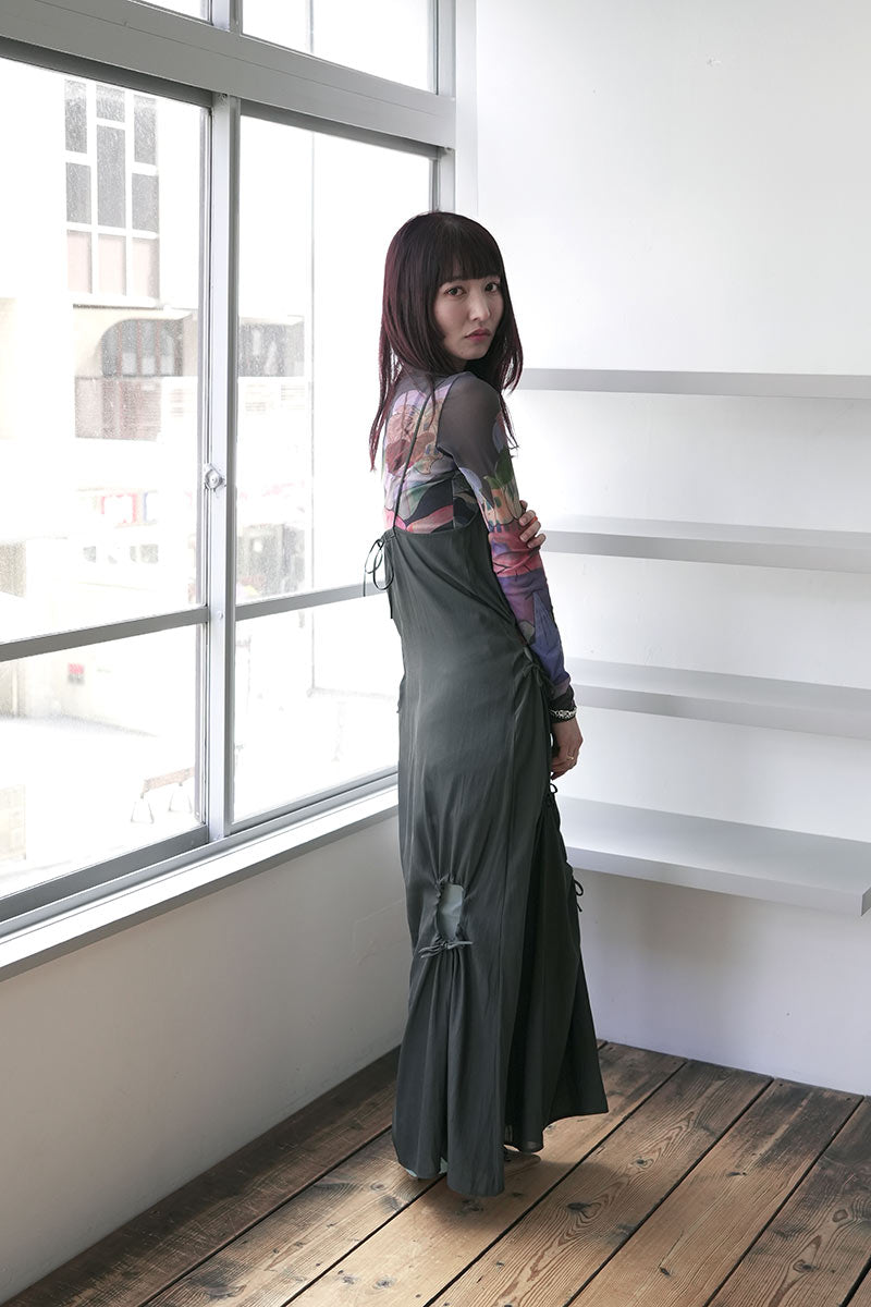 DRY GEORGETTE DRAWSTRING SLIP DRESS / FOREST