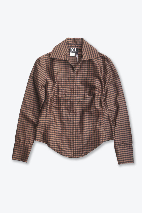 YL BY YAIR | 90'S MADE IN USA L/S GINGHAM CHECK SILK ZIP SHIRT / BROWN/BLACK [USED]