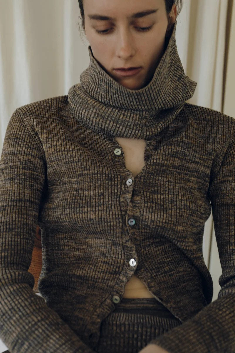 COTTON 5COLOR MARLED RID KNIT CARDIGAN / MOSS