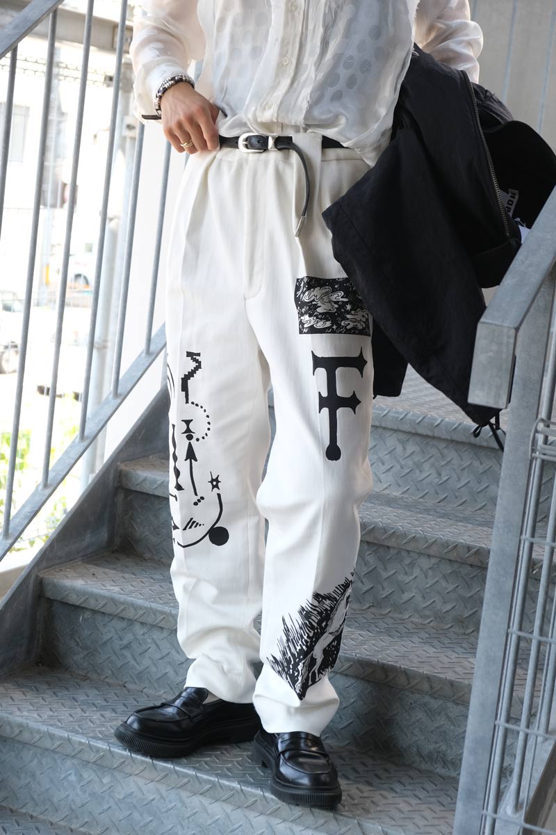 WIDE WAIST LOOP TROUSERS / WHITE WITH PAINTING [20% OFF]