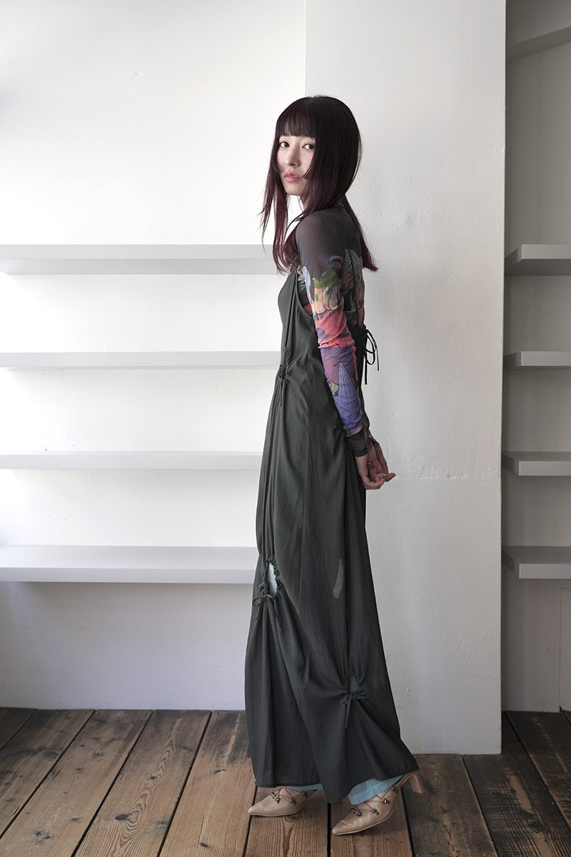 DRY GEORGETTE DRAWSTRING SLIP DRESS / FOREST