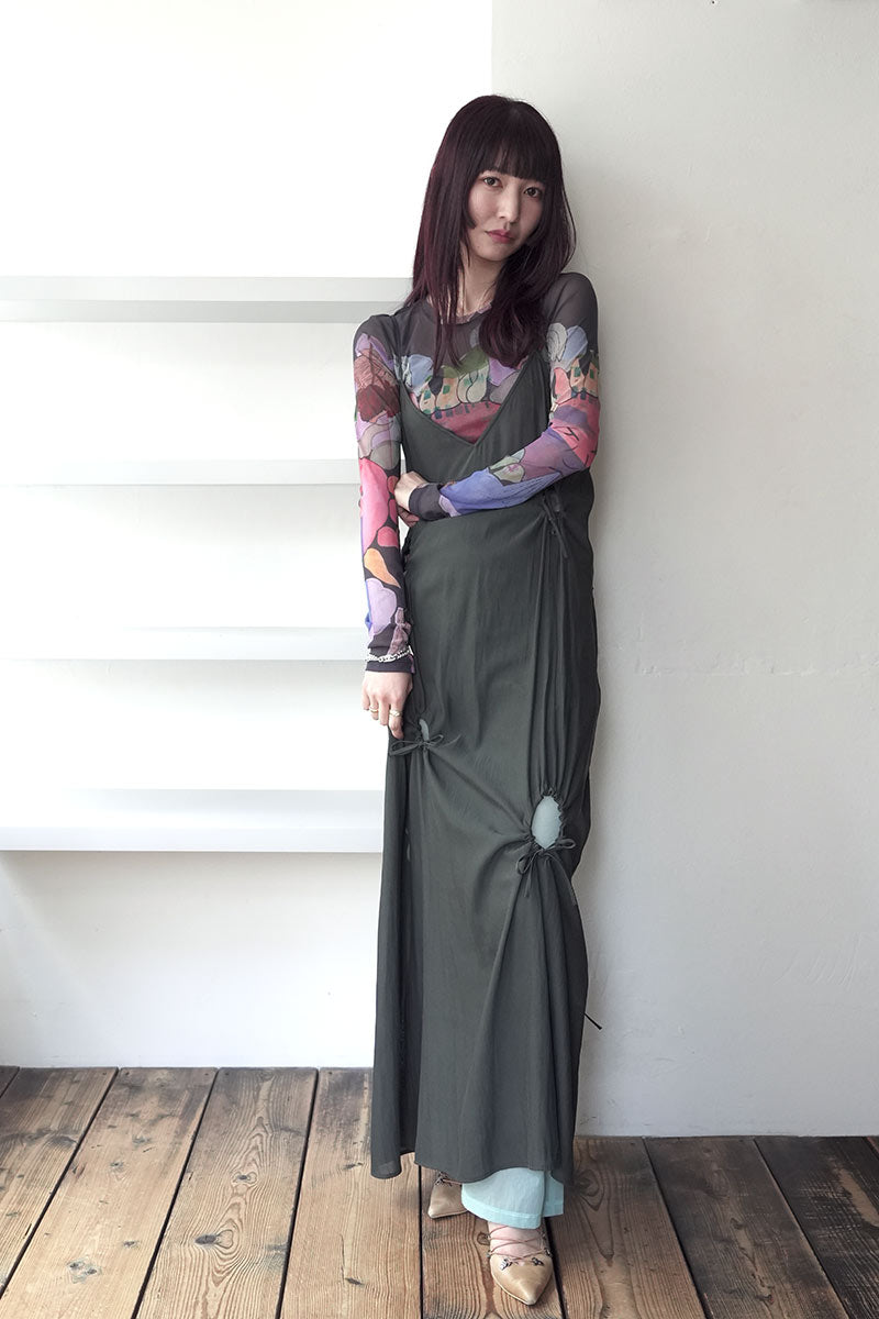 DRY GEORGETTE DRAWSTRING SLIP DRESS / FOREST