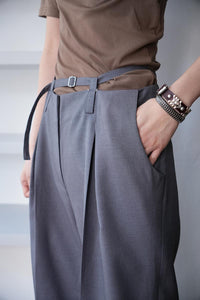 WOOL MIX DOUBLE BELT WIDE SLACKS / GRAY