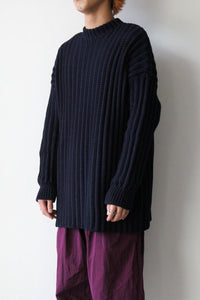CREW NECK OPEN RIB SWEATER-WOOLY / NAVY [30%OFF]