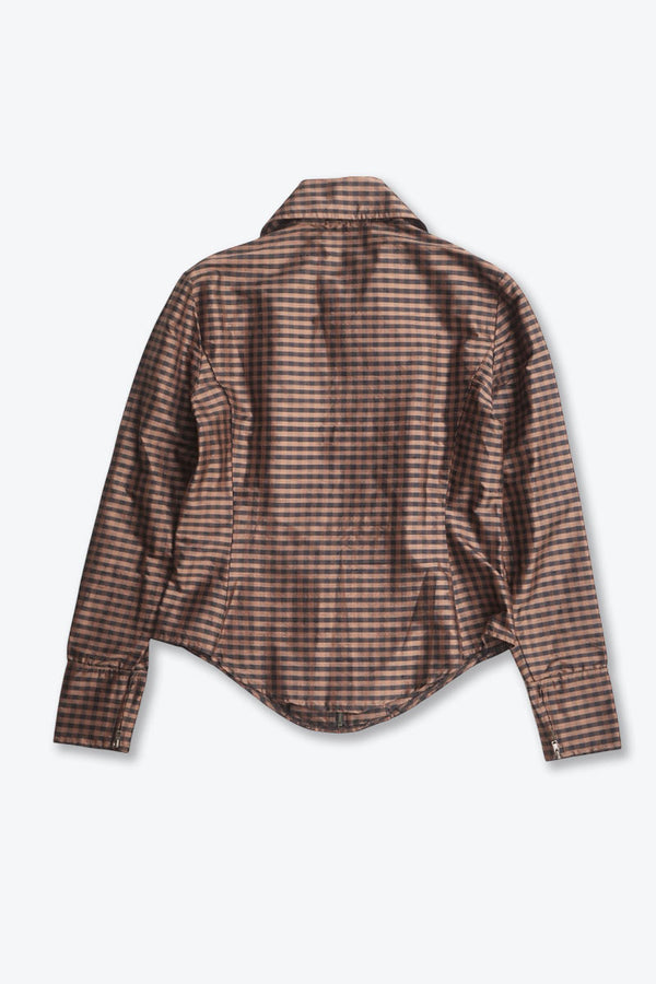 YL BY YAIR | 90'S MADE IN USA L/S GINGHAM CHECK SILK ZIP SHIRT / BROWN/BLACK [USED]