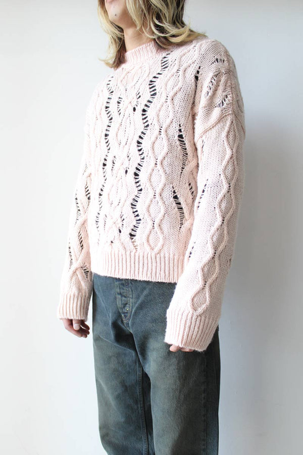 CABLE SONAR ROUNDNECK / DELICATE PINK FISHERMAN WOOL [40%OFF]