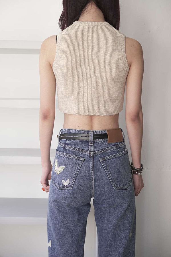 LINEN COTTON SLEEVELESS RIB KNIT TOP / IVORY MIX