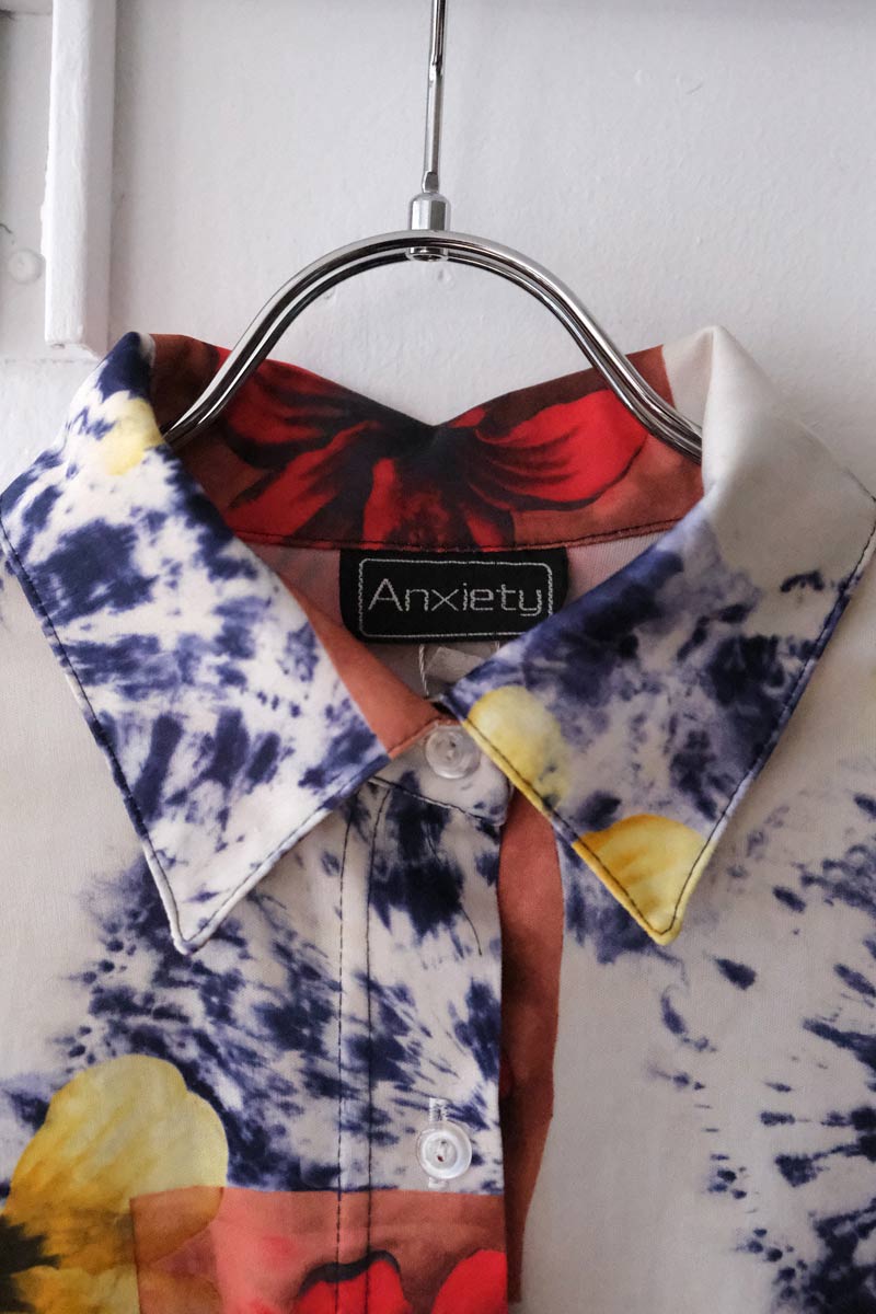 OTHER BRAND | 90'S L/S TIE DYE FLOWERS PATTERN SHIRT / WHITE-NAVY-RED [USED]