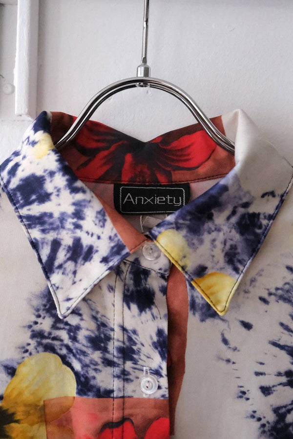 OTHER BRAND | 90'S L/S TIE DYE FLOWERS PATTERN SHIRT / WHITE-NAVY-RED [USED]