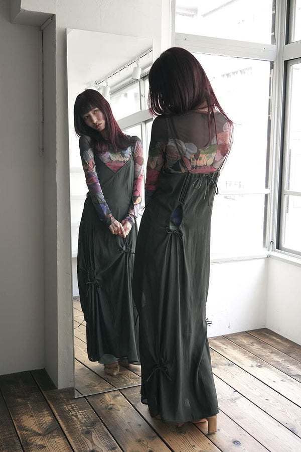 DRY GEORGETTE DRAWSTRING SLIP DRESS / FOREST