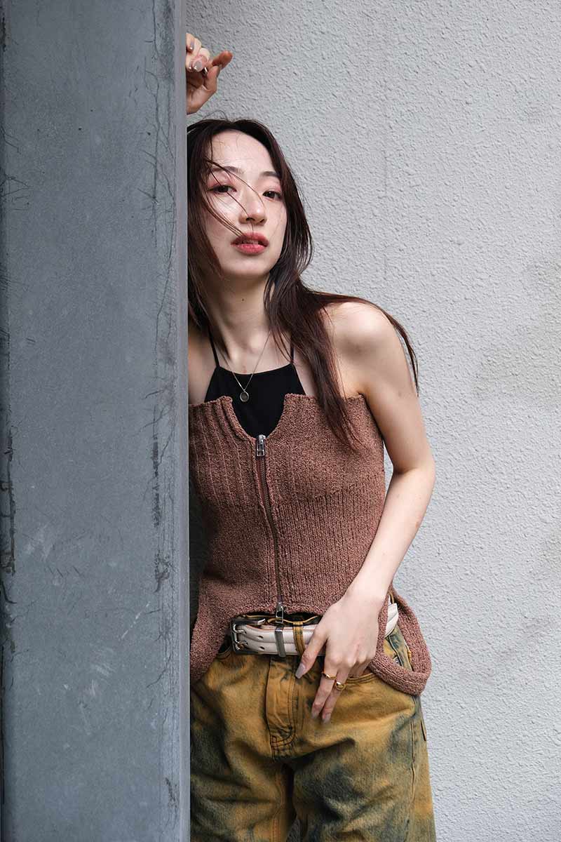 LITTLE $UZIE | ITALIAN MIX LOOP YARN KNIT BUSTIR / BROWN ジップ 