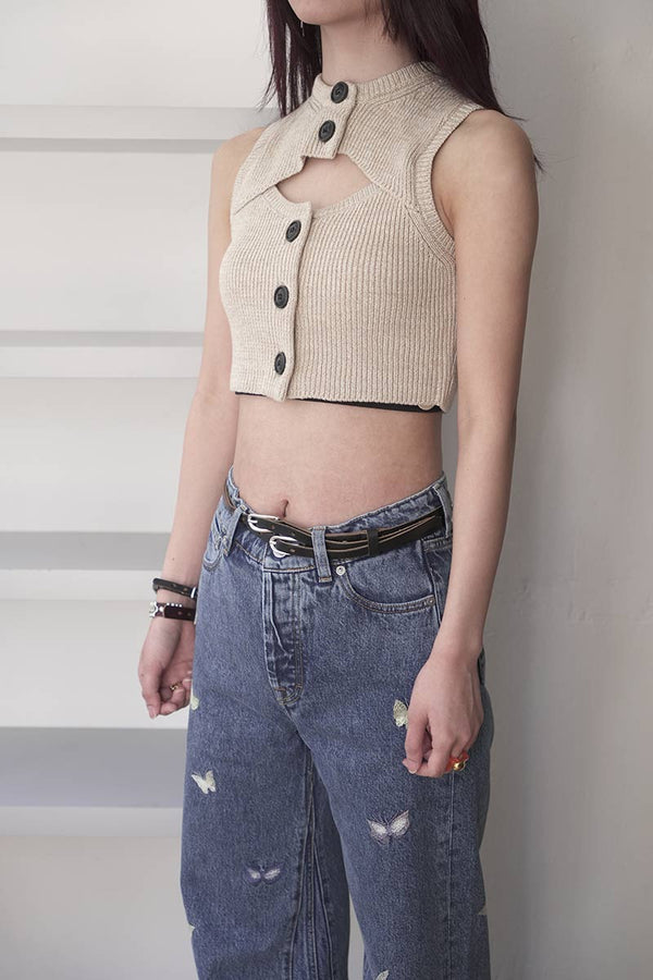 LINEN COTTON SLEEVELESS RIB KNIT TOP / IVORY MIX