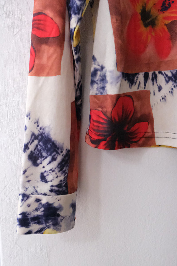 OTHER BRAND | 90'S L/S TIE DYE FLOWERS PATTERN SHIRT / WHITE-NAVY-RED [USED]