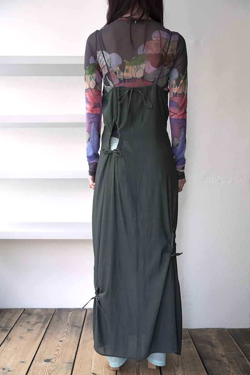 DRY GEORGETTE DRAWSTRING SLIP DRESS / FOREST