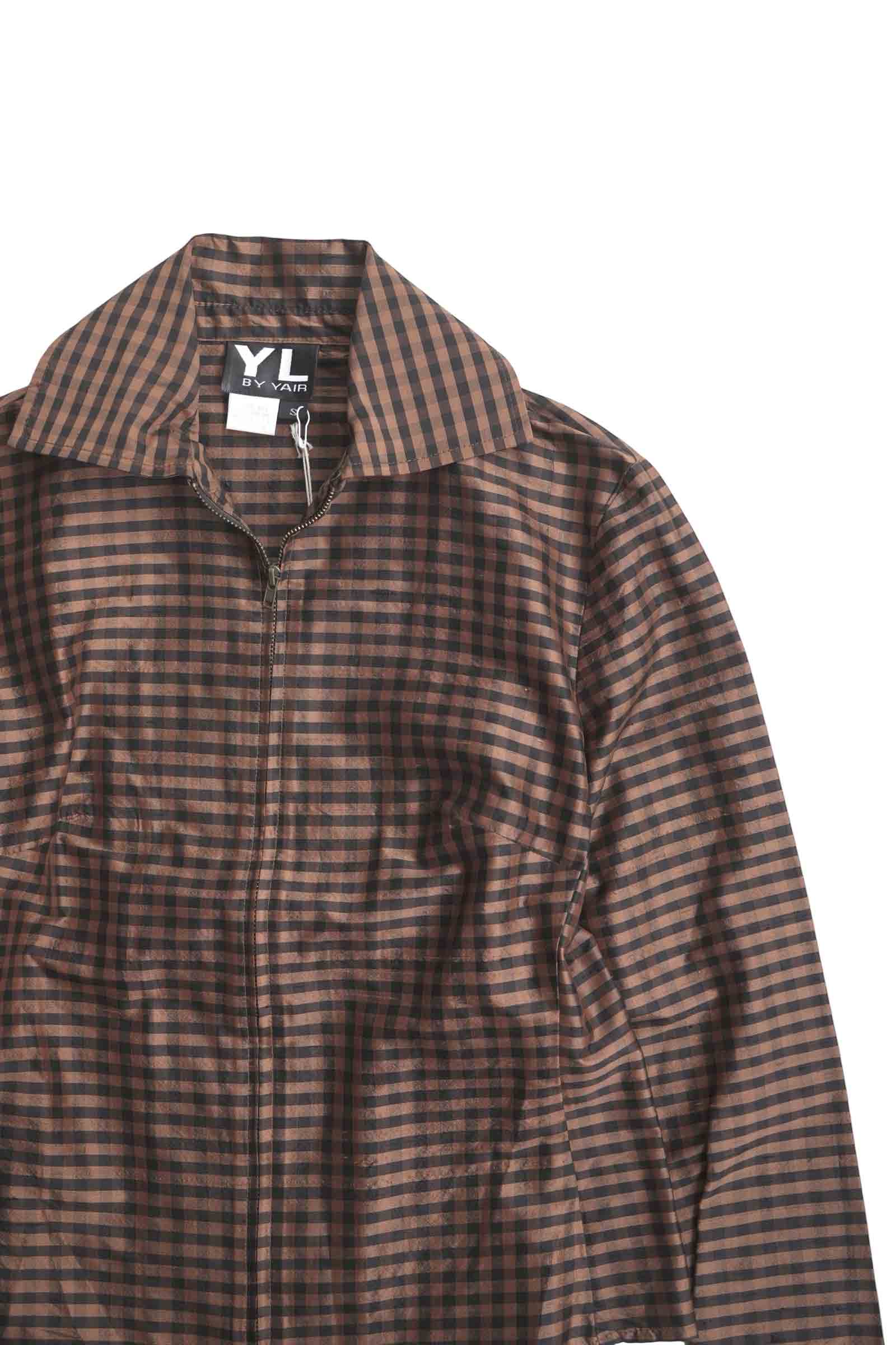 YL BY YAIR | 90'S MADE IN USA L/S GINGHAM CHECK SILK ZIP SHIRT / BROWN/BLACK [USED]