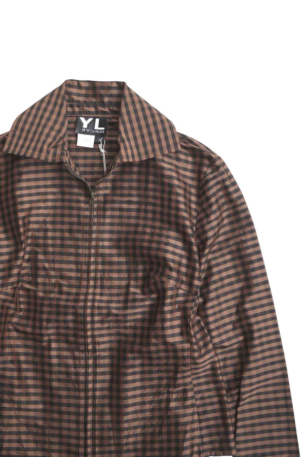 YL BY YAIR | 90'S MADE IN USA L/S GINGHAM CHECK SILK ZIP SHIRT / BROWN/BLACK [USED]