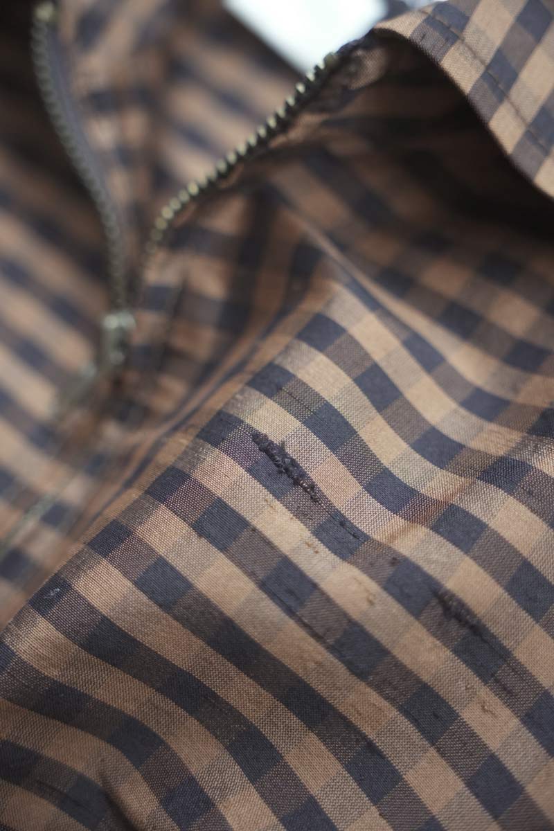 YL BY YAIR | 90'S MADE IN USA L/S GINGHAM CHECK SILK ZIP SHIRT / BROWN/BLACK [USED]