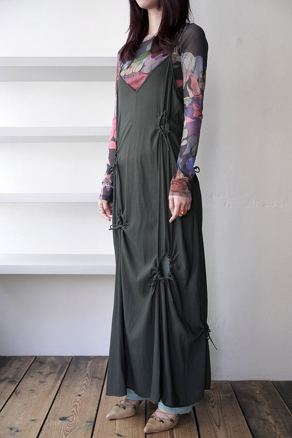 DRY GEORGETTE DRAWSTRING SLIP DRESS / FOREST