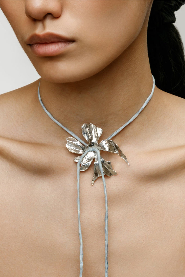 FLOWER CORD NECKLACE / 925 SILVER PLATED BRONZE/BLUE SILK CORD