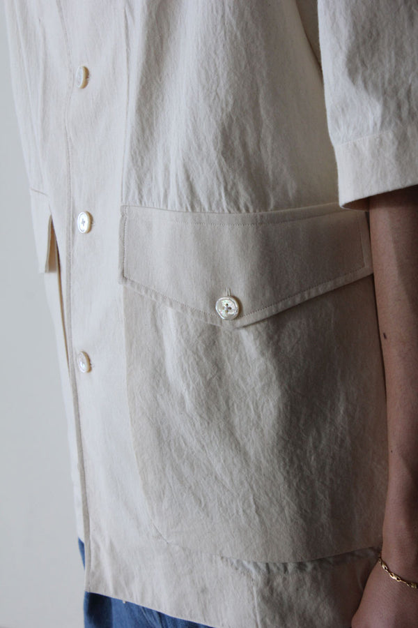 S/S OPEN COLLAR SHIRT-100%COTTON / OFF WHITE [60%OFF]