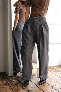 WOOL MIX DOUBLE BELT WIDE SLACKS / GRAY