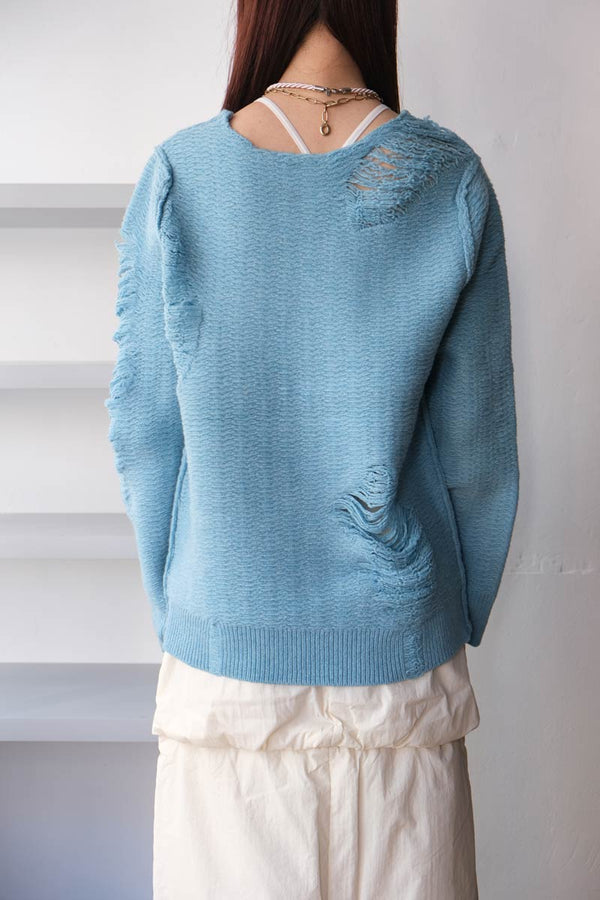 EXTRA FINE MERINO WOOL DISTRESSED SWEATER / SKY [40%OFF]