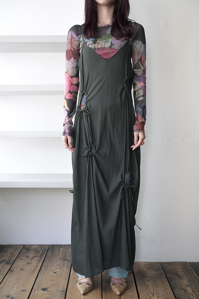 DRY GEORGETTE DRAWSTRING SLIP DRESS / FOREST