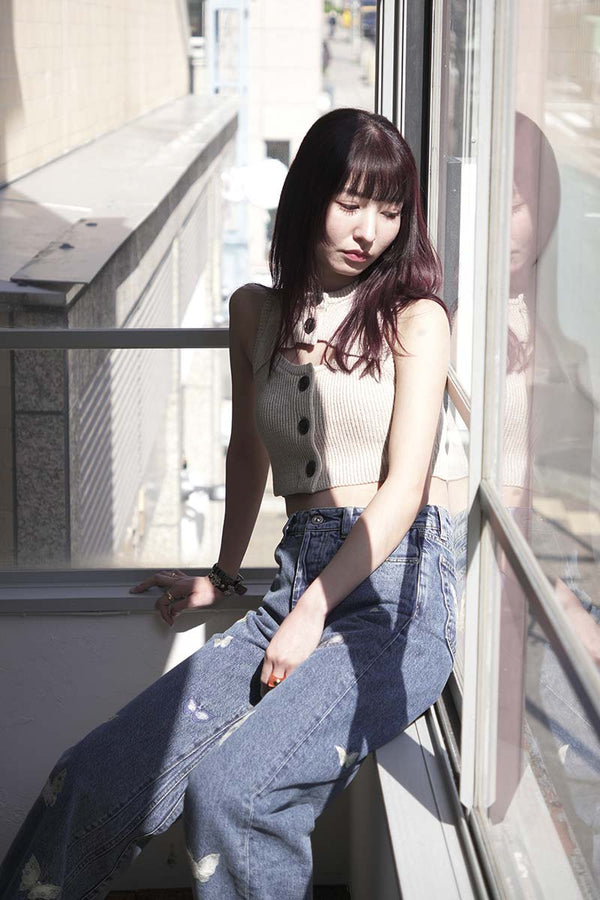 LINEN COTTON SLEEVELESS RIB KNIT TOP / IVORY MIX