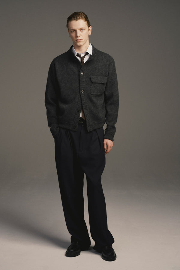 ZIP CREW NECK CARDIGAN LAMS WOOL PLAIN KNITTED / NAVY