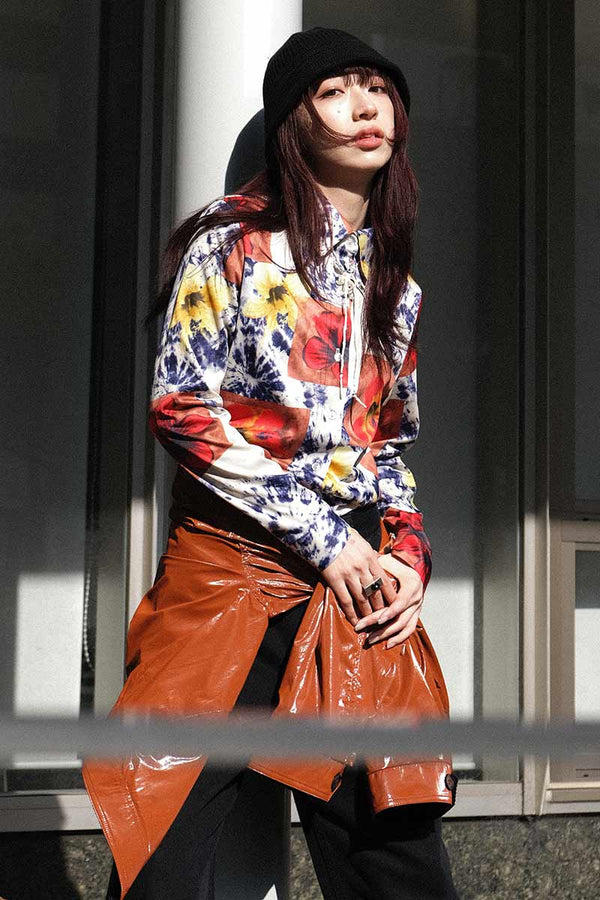 OTHER BRAND | 90'S L/S TIE DYE FLOWERS PATTERN SHIRT / WHITE-NAVY-RED [USED]