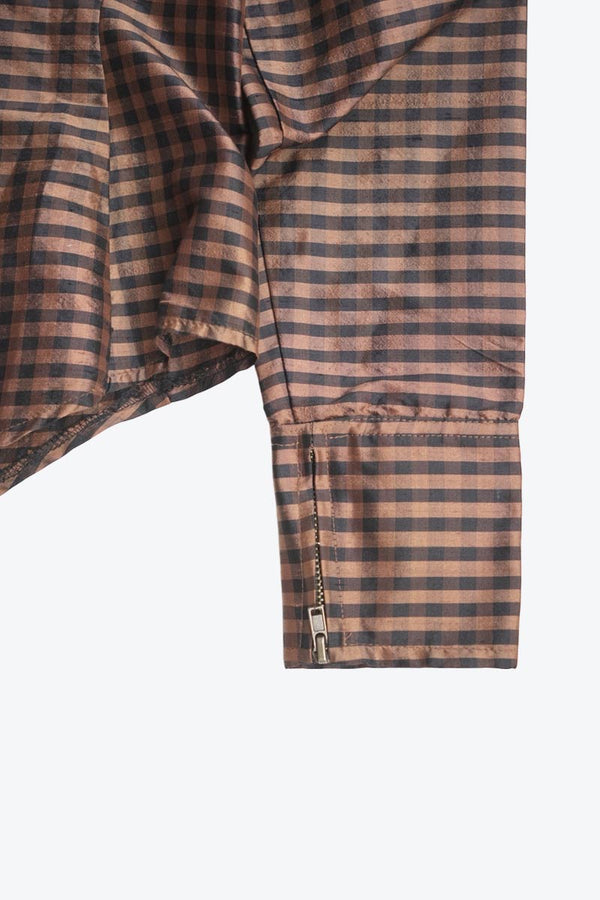 YL BY YAIR | 90'S MADE IN USA L/S GINGHAM CHECK SILK ZIP SHIRT / BROWN/BLACK [USED]