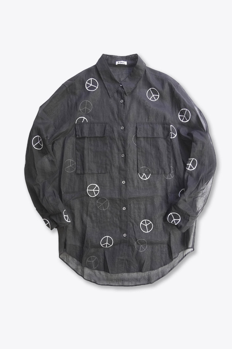 ACNE | L/S PEACE SYMBOL SHEER SHIRT / BLACK [USED]