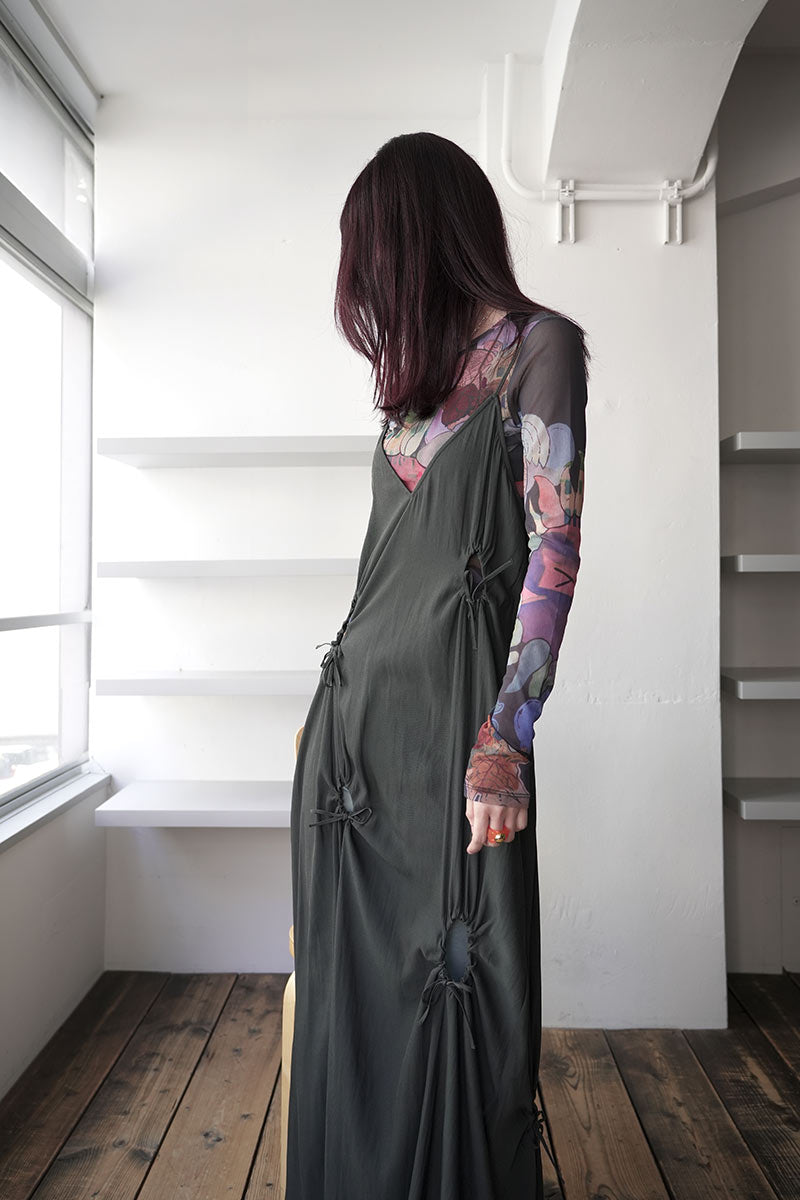 DRY GEORGETTE DRAWSTRING SLIP DRESS / FOREST