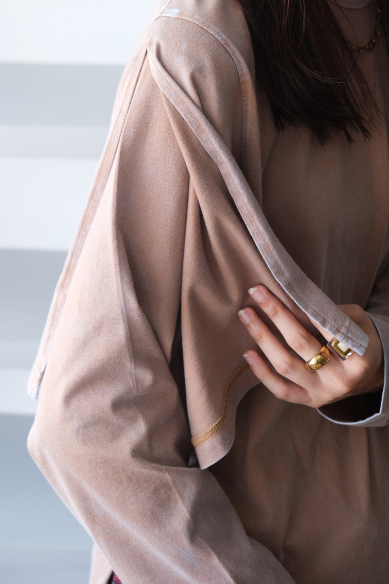 SPIN WASH LAYERED SLEEVES T / CAMEL