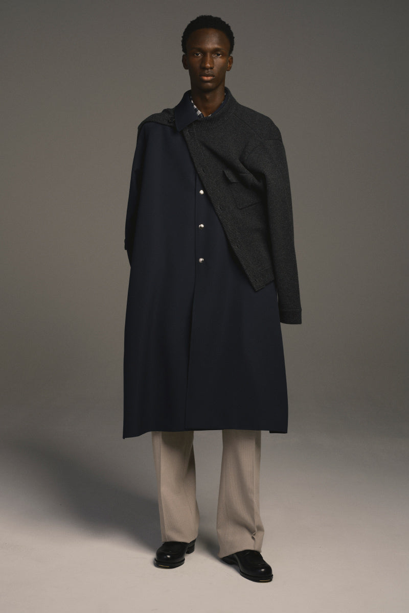 ZIP CREW NECK CARDIGAN LAMS WOOL PLAIN KNITTED / NAVY
