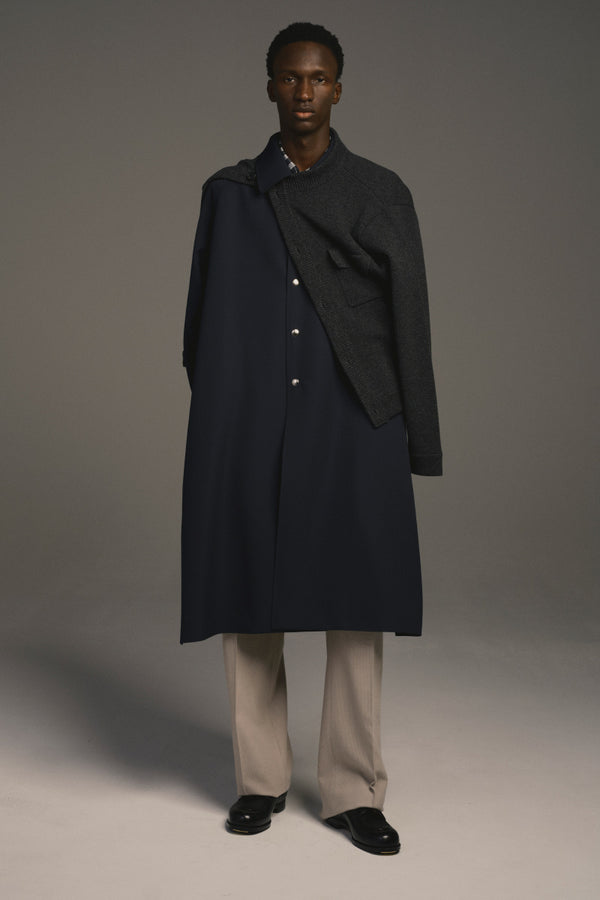 ZIP CREW NECK CARDIGAN LAMS WOOL PLAIN KNITTED / NAVY