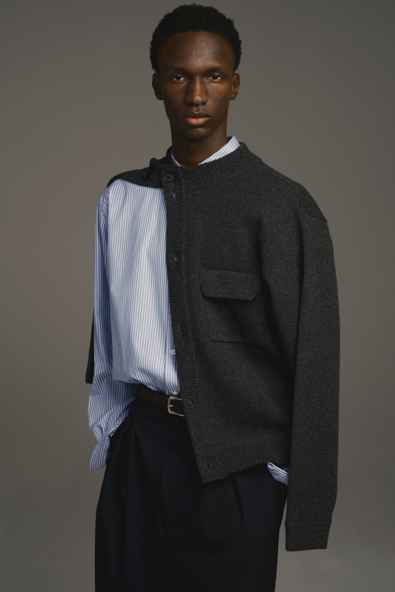 ZIP CREW NECK CARDIGAN LAMS WOOL PLAIN KNITTED / NAVY