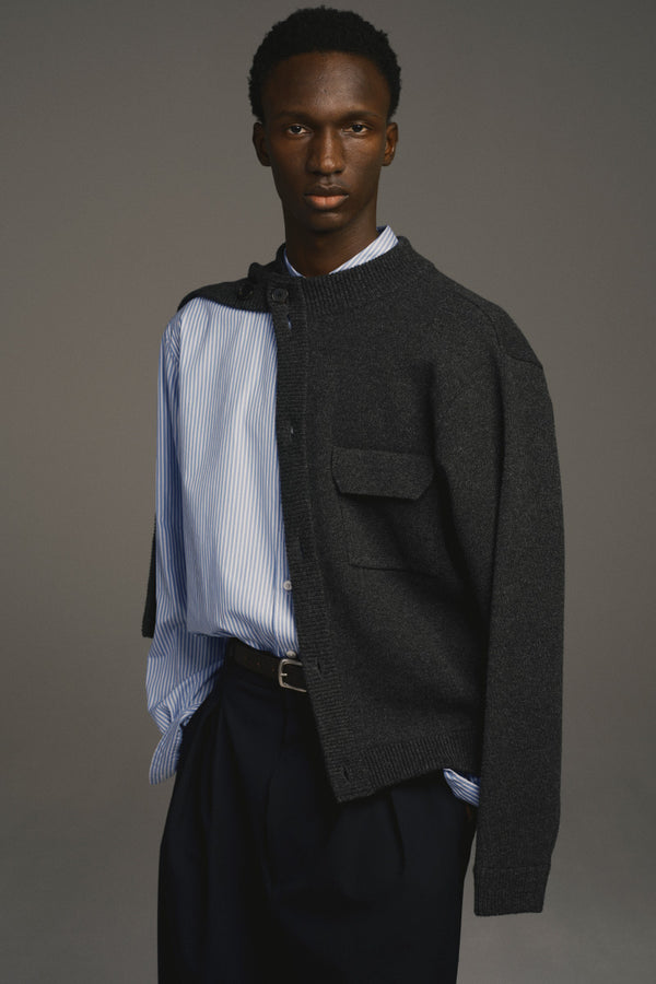 ZIP CREW NECK CARDIGAN LAMS WOOL PLAIN KNITTED / NAVY