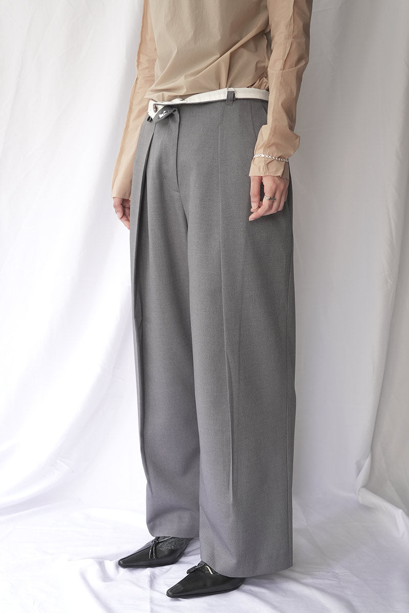WOOL MIX HIP HUGGERS TUCKED WIDE SLACKS / GRAY