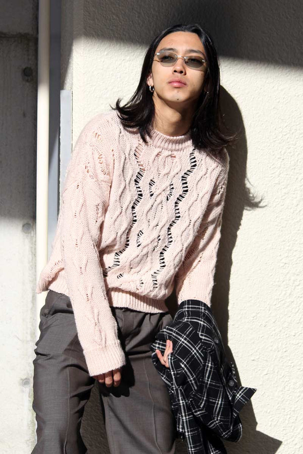 CABLE SONAR ROUNDNECK / DELICATE PINK FISHERMAN WOOL [40%OFF]