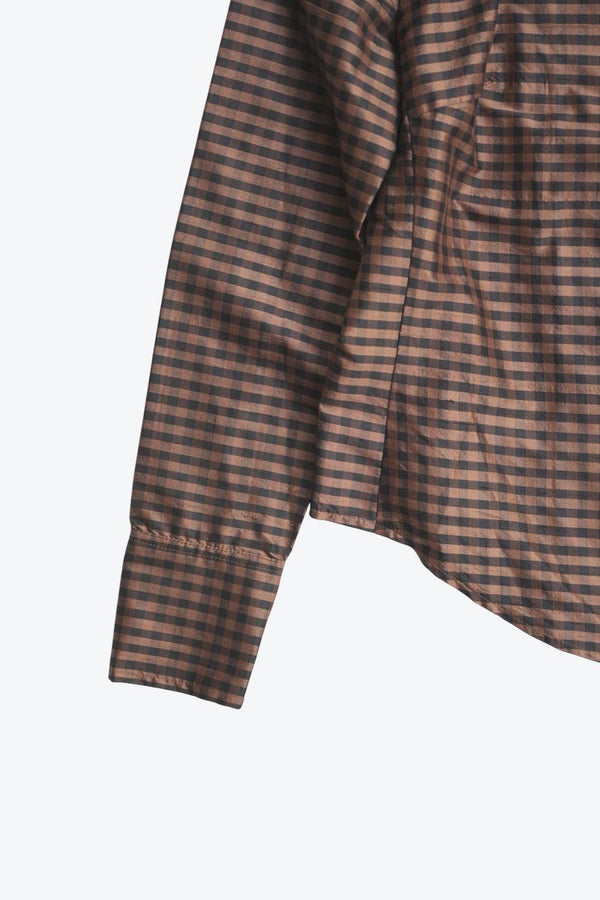 YL BY YAIR | 90'S MADE IN USA L/S GINGHAM CHECK SILK ZIP SHIRT / BROWN/BLACK [USED]