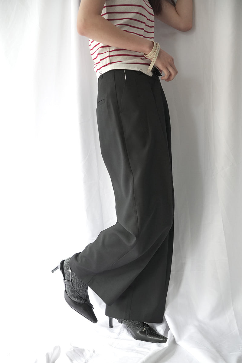 WOOL MIX HIP HUGGERS TUCKED WIDE SLACKS / BLACK